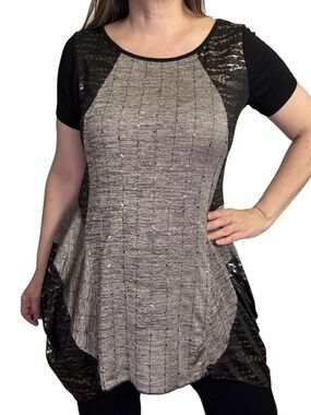Simon Chang Black & Gray Sparkle Mixed-Media Short Sleeve Tunic